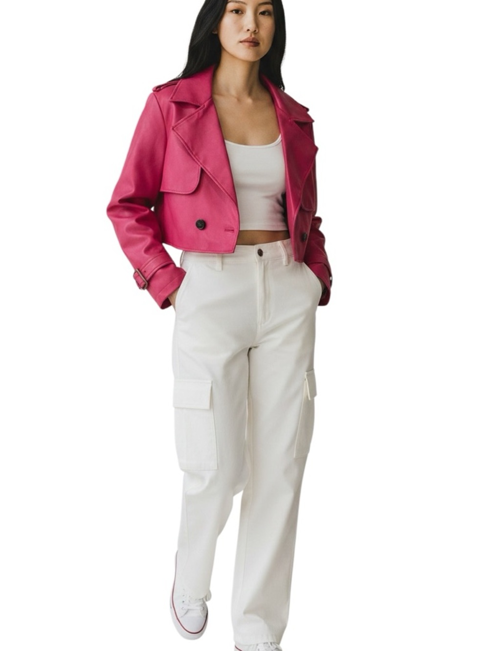 7 For All Mankind M Cropped Vegan Leather Barbiecore Moto Trench EUC